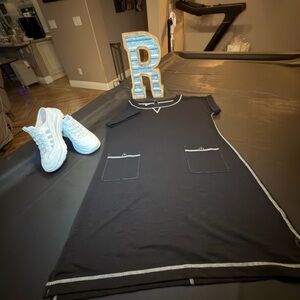 Talbots women’s Black knit dress with white stitching detail.